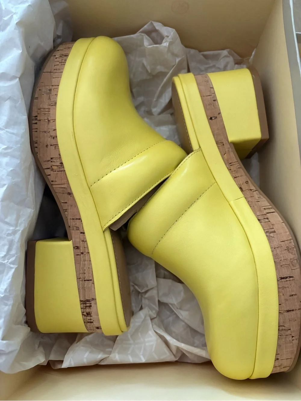 Marc Fisher Yellow Leather Platform Clogs with Cork-Look Heel